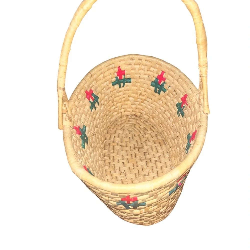 Vintage Hand Woven Basket w Handle Red Green Pattern for Holiday Decor